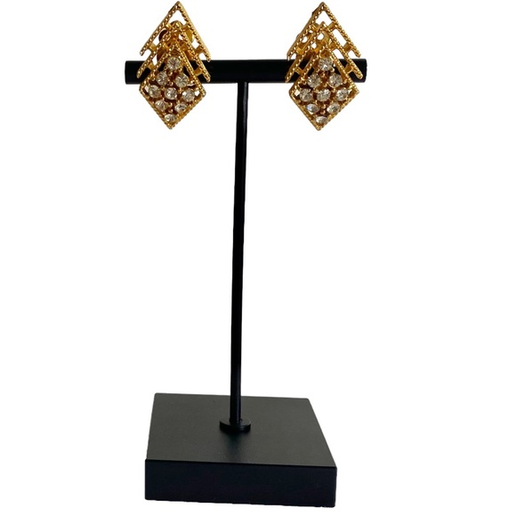 Vintage LISNER Clip On Earrings Gold Tone & Rhinestone Earrings 80s Chic Glam - Picture 2 of 11